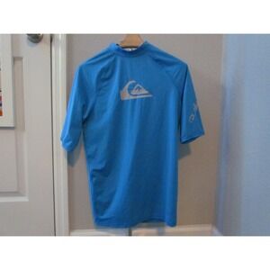 Quiksilver Rash Guard Large Blue Short Sleeve Mock Neck Surf Shirt